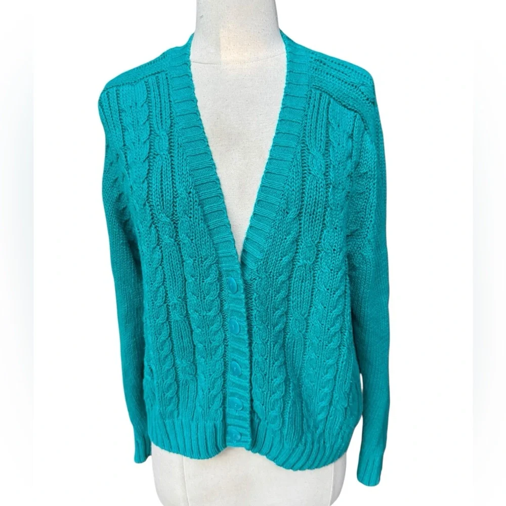 1990s Casual Corner Oversized Ramie/Cotton Blend Cable Knit V-Neck Cardigan‎
